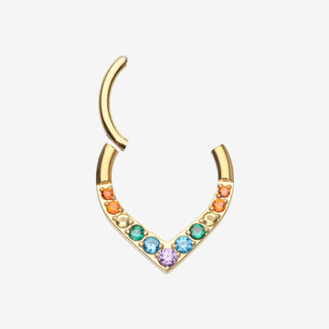 Detail View 1 of Pure24K Implant Grade Titanium Sparkle Chevron Teardrop Clicker Hoop Ring-Rainbow/Assorted Gem